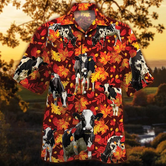 Holstein Friesian Cattle Lovers Autumn Red Leaves Hawaiian Shirt, Unisex Print Aloha Short Sleeve Casual Shirt HO5083