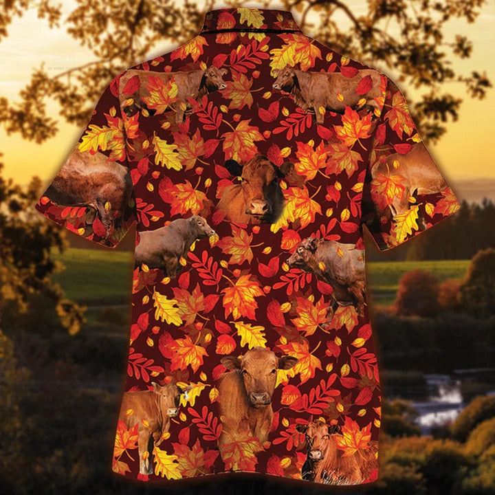 Red Angus Cattle Lovers Autumn Red Leaves Hawaiian Shirt, Unisex Print Aloha Short Sleeve Casual Shirt HO5081