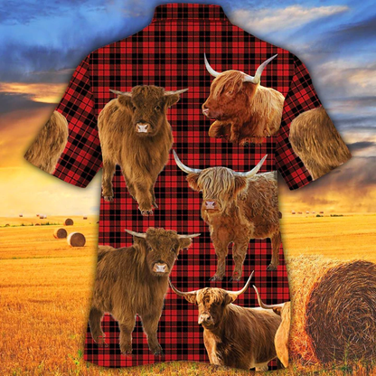 Highland Cattle Lovers Red Tartan Pattern Hawaiian Shirt- Cow Aloha Shirt, Gift For Cow Lovers HO2595