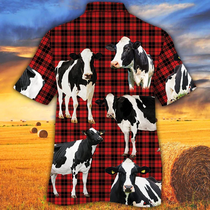 Holstein Friesian Cattle Lovers Red Tartan Pattern Hawaiian Shirt- Animal hawaiian shirt, Cow Aloha Shirt, Gift For Cow Lovers HO2594