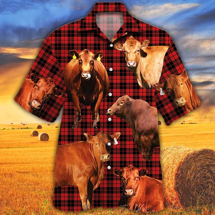 Red Angus Cattle Lovers Red Tartan Pattern Hawaiian Shirt - Animal hawaiian shirt, Cow Aloha Shirt, Gift For Cow Lovers HO2593