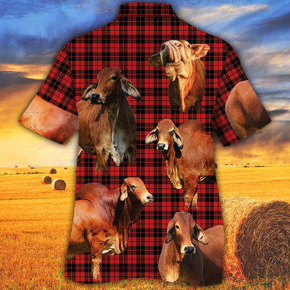 Red Brahman Cattle Lovers Red Tartan Pattern Hawaiian Shirt - Animal hawaiian shirt, Cow Aloha Shirt, Gift For Cow Lovers HO2592