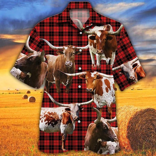 Tx Longhorn Cattle Lovers Red Tartan Pattern Hawaiian Shirt, Unisex Print Aloha Short Sleeve Casual Shirt HO5080