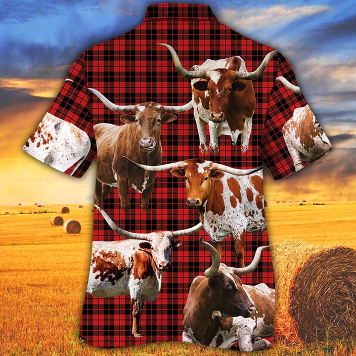 Tx Longhorn Cattle Lovers Red Tartan Pattern Hawaiian Shirt , Cow Aloha Shirt, Gift For Cow Lovers HO2591