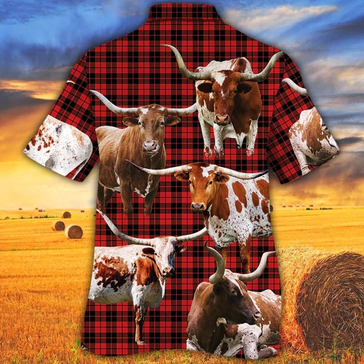 Tx Longhorn Cattle Lovers Red Tartan Pattern Hawaiian Shirt, Unisex Print Aloha Short Sleeve Casual Shirt HO5080