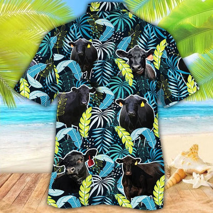 Black Angus Cattle Lovers Jungle Leaves Hawaiian Shirt, Unisex Print Aloha Short Sleeve Casual Shirt HO5079