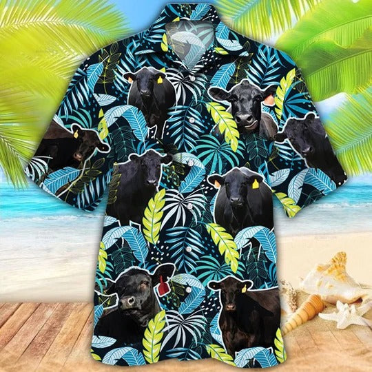 Black Angus Cattle Lovers Jungle Leaves Hawaiian Shirt, Unisex Print Aloha Short Sleeve Casual Shirt HO5079