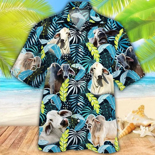 Brahman Cattle Lovers Jungle Leaves Hawaiian Shirt, Unisex Print Aloha Short Sleeve Casual Shirt HO5078