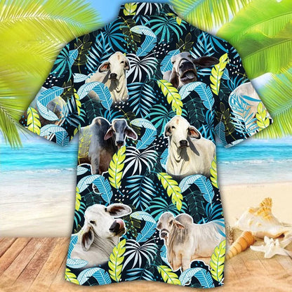 Brahman Cattle Lovers Jungle Leaves Hawaiian Shirt, Unisex Print Aloha Short Sleeve Casual Shirt HO5078