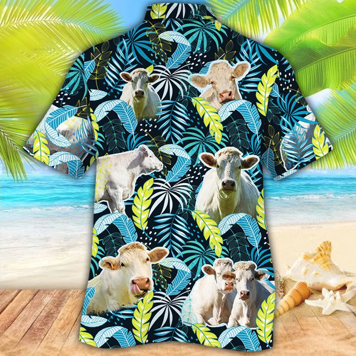 Charolais Cattle Lovers Jungle Leaves Hawaiian Shirt, Cow Flower aloha shirt, Hawaiian shirt Men, Women HO2607