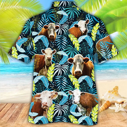 Hereford Cattle Lovers Jungle Leaves Hawaiian Shirt, Cow Flower aloha shirt, Hawaiian shirt Men, Women HO0219