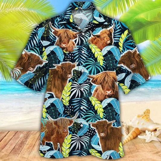 Highland Cattle Lovers Jungle Leaves Hawaiian Shirt, Unisex Print Aloha Short Sleeve Casual Shirt HO5077