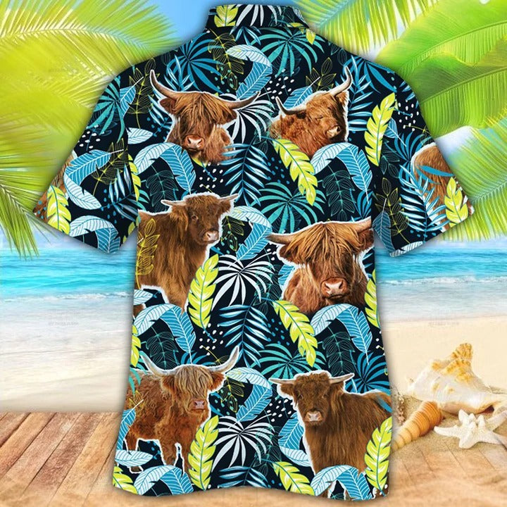 Highland Cattle Lovers Jungle Leaves Hawaiian Shirt, Unisex Print Aloha Short Sleeve Casual Shirt HO5077