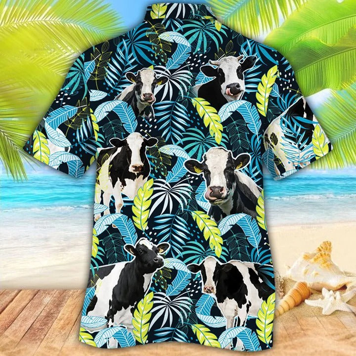 Holstein Friesian Cattle Lovers Jungle Leaves Hawaiian Shirt, Unisex Print Aloha Short Sleeve Casual Shirt HO5075