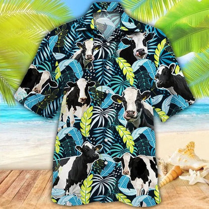 Holstein Friesian Cattle Lovers Jungle Leaves Hawaiian Shirt, Unisex Print Aloha Short Sleeve Casual Shirt HO5075