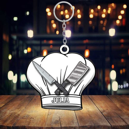 Personalized Chef Uniform Keychain, Custom Chef hat Acrylic Flat Keychain, love kitchen and food KO0223