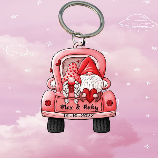 Personalized Gnome Truck Couple Keychain, Custom Acrylic Flat Keychain for Girlfriend and Boyfriend KO0150