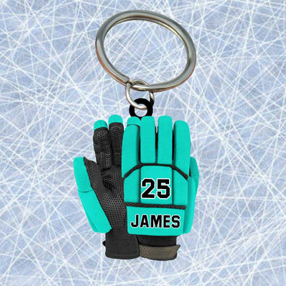 Personalized Ice Hockey Gloves Keychain, Custom Name Flat Acrylic Keychain for Hockey Players KO0215