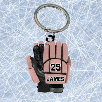 Personalized Ice Hockey Gloves Keychain, Custom Name Flat Acrylic Keychain for Hockey Players KO0215