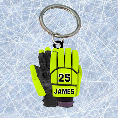 Personalized Ice Hockey Gloves Keychain, Custom Name Flat Acrylic Keychain for Hockey Players KO0215