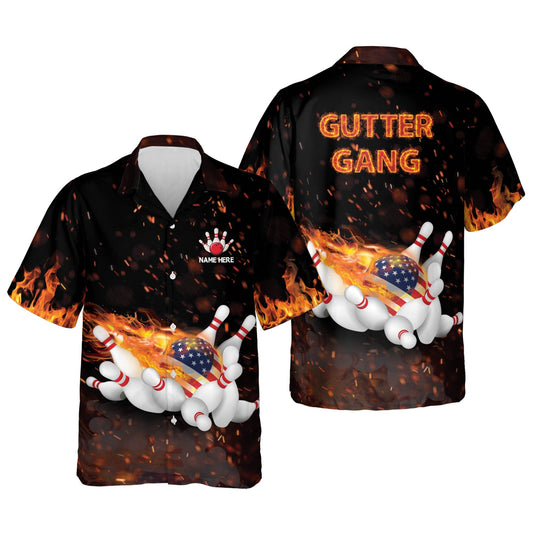 Personalized Name Flame Bowling Gutter Gang Hawaiian Shirt , Gift for Bowler, Flag Shirt HO3998