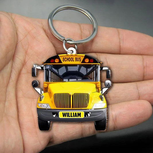 Personalized School Bus Keychain, Custom Name Flat Acrylic Keychain for Bus Driver KO0210