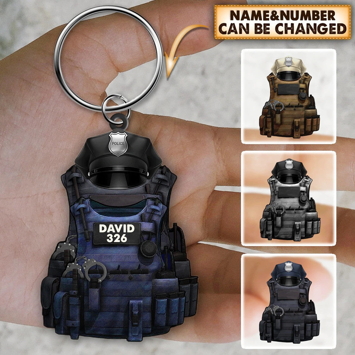 Personalized Police Bulletproof Vest With Service Cap Keychain, Police Vest Acrylic Keychain KO0361