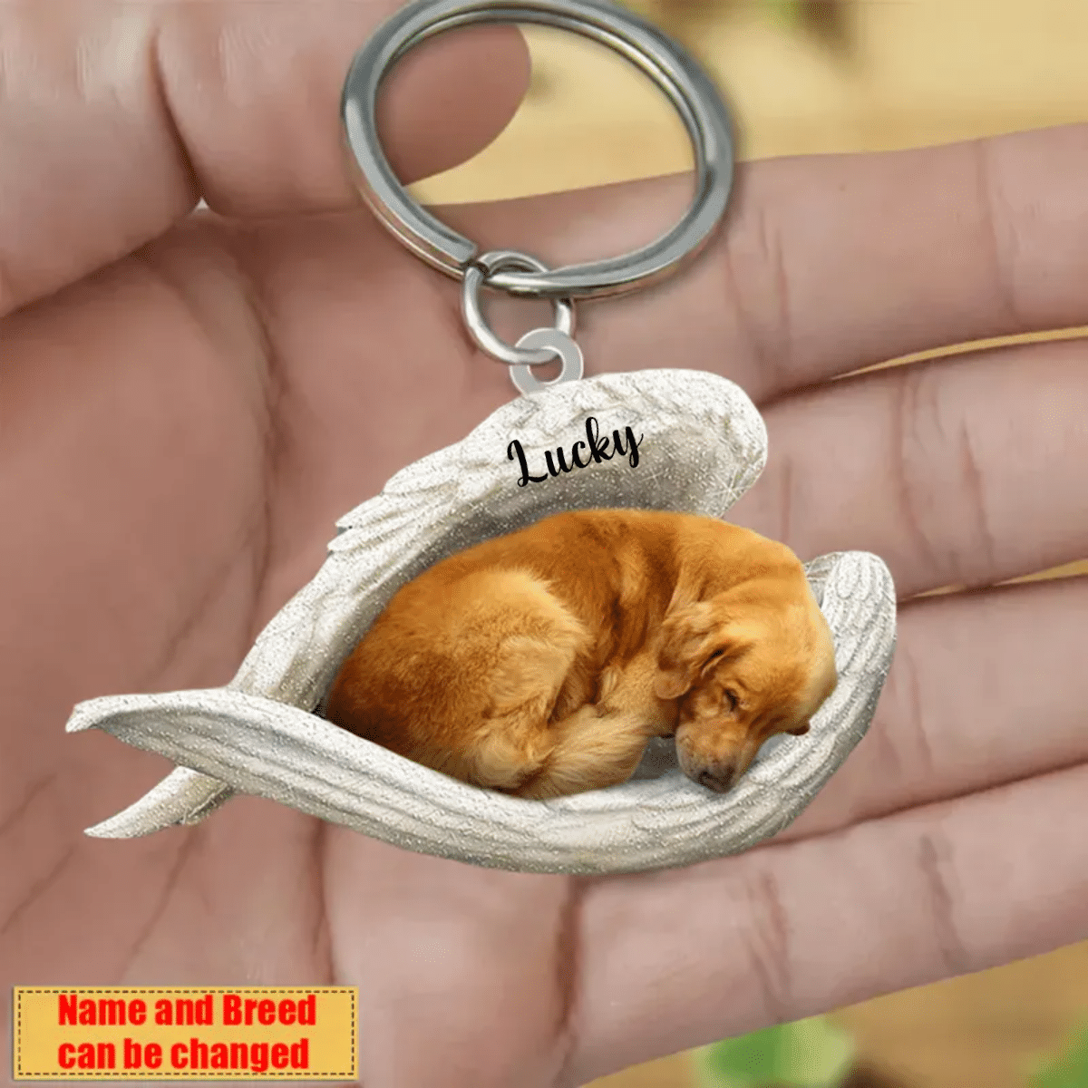 Personalized Golden Retriever Sleeping Angle Keychain, Custom Name Dog Acrylic Flat Keychain KO0206