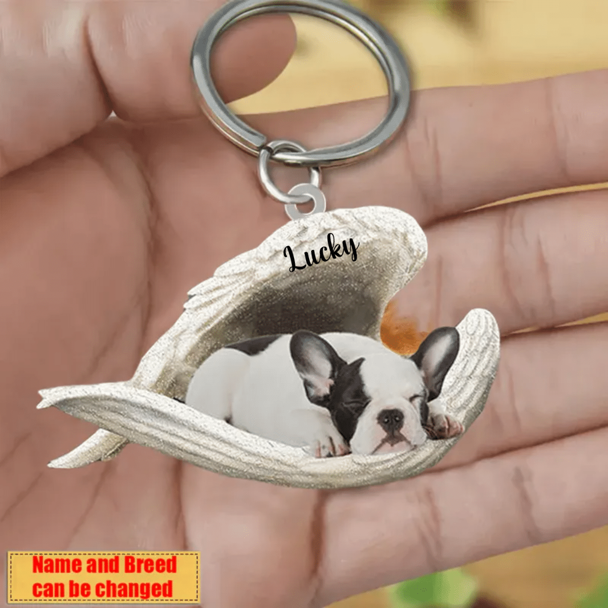 Personalized French Bulldog Sleeping Angle Keychain, Custom Name Dog Acrylic Flat Keychain KO0350