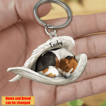 Personalized Beagle Sleeping Angle Keychain, Custom Name Dog Acrylic Flat Keychain KO0349