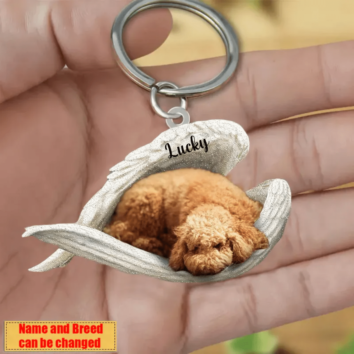 Personalized Poodle Sleeping Angle Keychain, Custom Name Dog Acrylic Flat Keychain KO0348