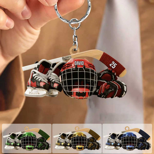 Personalized Hockey Keychain, Hockey Skates Helmet And Stick Gift For Hockey Lover KO0333