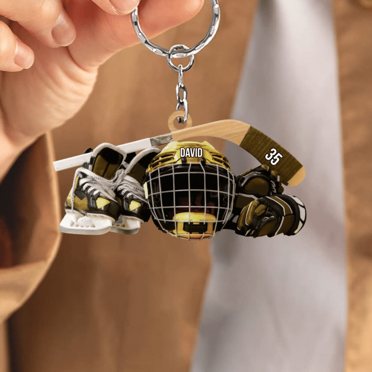 Personalized Hockey Keychain, Hockey Skates Helmet And Stick Gift For Hockey Lover KO0333