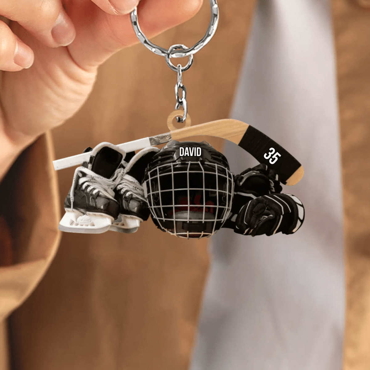 Personalized Hockey Keychain, Hockey Skates Helmet And Stick Gift For Hockey Lover KO0333