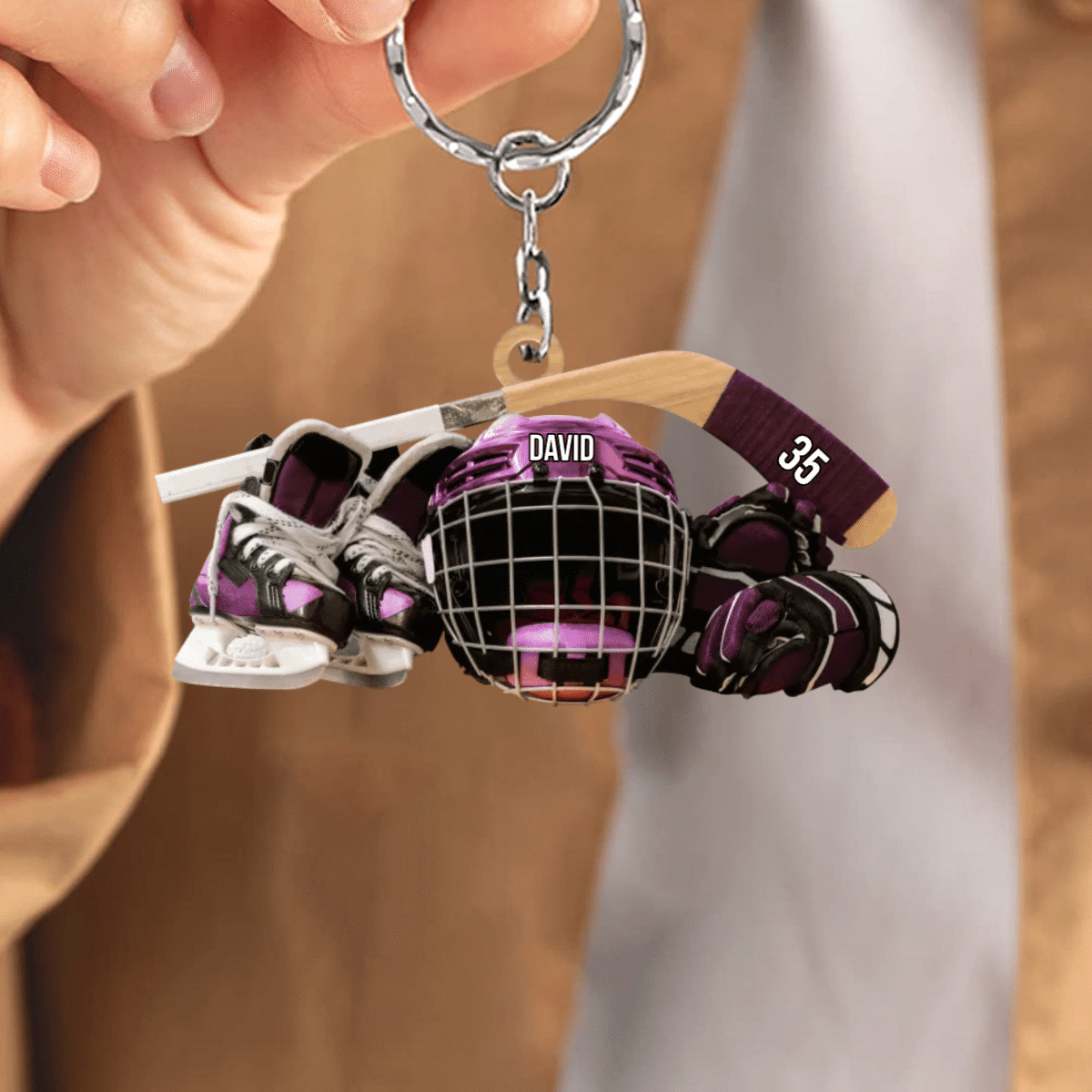Personalized Hockey Keychain, Hockey Skates Helmet And Stick Gift For Hockey Lover KO0333