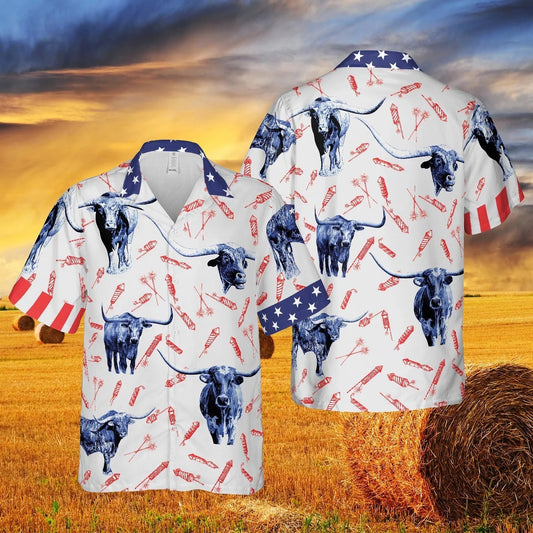 Independence Day Fire Cracker Tx-Longhorn Pattern All Printed 3D Hawaiian Shirt HO3973