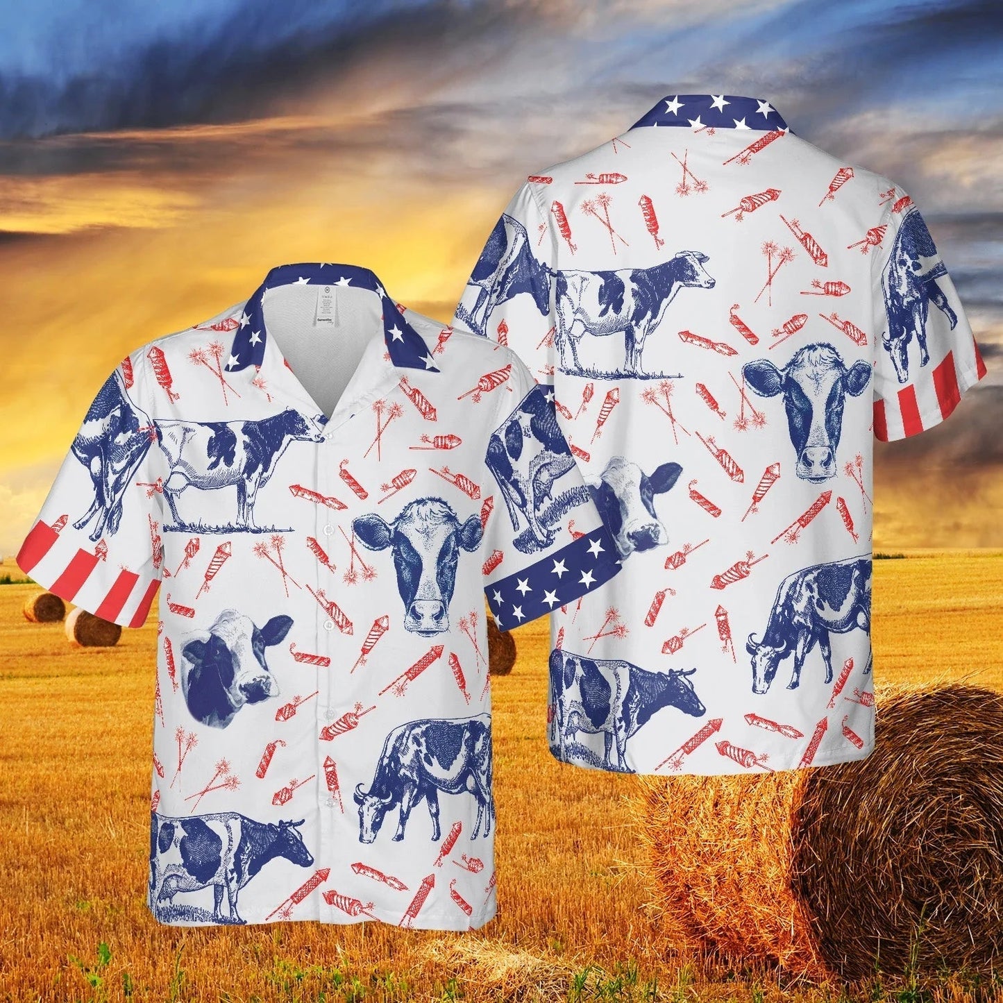 Independence Day Fire Cracker Holstein Friesian Cattle Pattern All Printed 3D Hawaiian Shirt HO3971