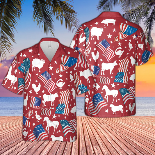 3D All Over Print Happy Independence Day Hawaiian Shirt For Farm Lovers HO3979