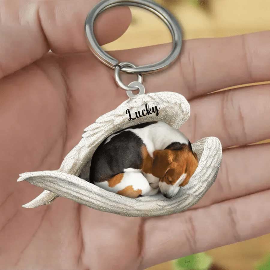 Personalized Beagle Sleeping Angle Keychain, Custom Name Dog Acrylic Flat Keychain KO0349