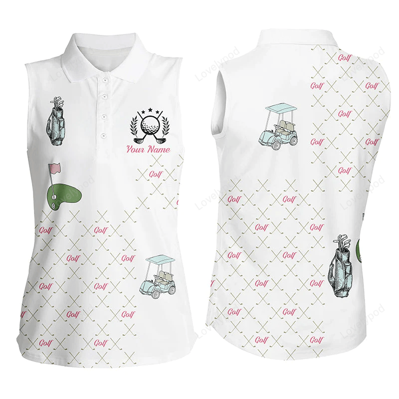 White womens sleeveless polo shirt custom golf clubs pattern ladies golf shirts gift for mother's day GY0214