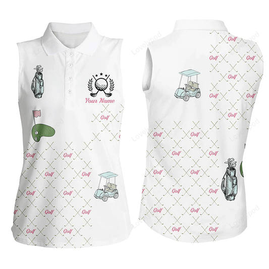 White womens sleeveless polo shirt custom golf clubs pattern ladies golf shirts gift for mother's day GY0214