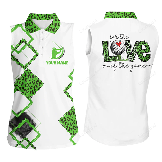 White womens sleeveless polo shirt custom name for the love of the game green leopard golf shirts GY0263