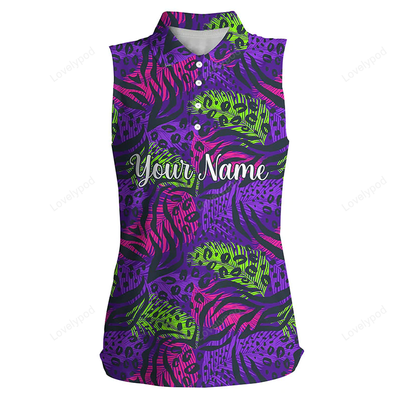 Womens sleeveless polo shirts with colorful purple tropical background, custom team golf polo shirts GY0201