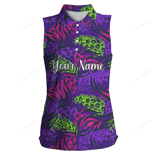 Womens sleeveless polo shirts with colorful purple tropical background, custom team golf polo shirts GY0201