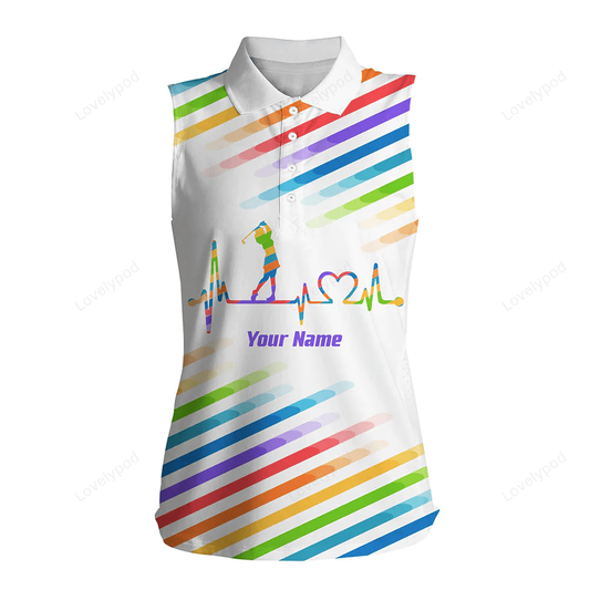 Womens sleeveless polo shirt custom colorful rainbow golf heartbeat tournament ladies white golf tops GY0220