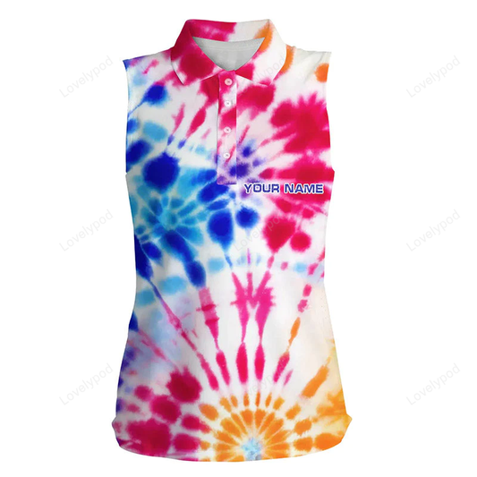 Womens sleeveless polo shirts with colorful tie dye pattern custom name team golf tops for women GY0200