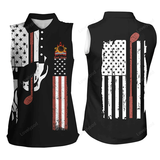 Women sleeveless polo shirt plus size, american flag shirt golf skull club custom name ladies golf tops GY0209