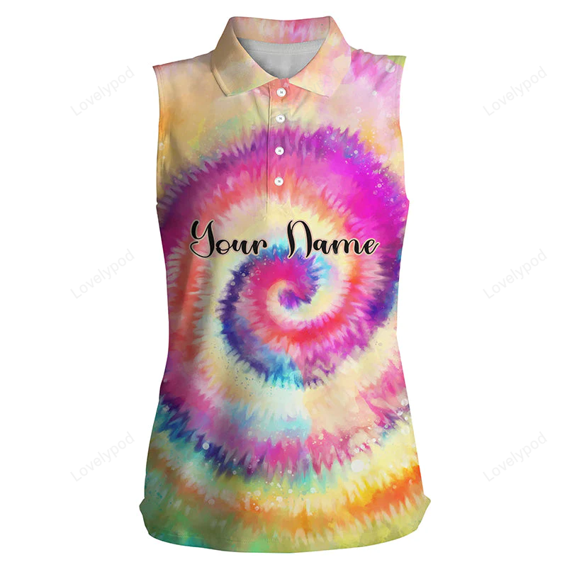 Womens sleeveless polo shirts rainbow tie dye background custom name golf shirt, golfing gift GY0281