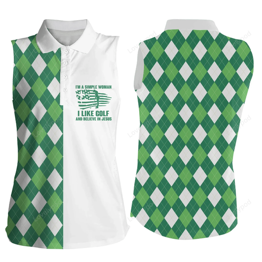 Womens sleeveless polo shirt, green argyle plaid i'm a simple woman i like golf and believe in jesus GY0196