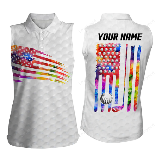 Womens sleeveless polo shirt, watercolor american flag patriotic golf shirts custom golf tops GY0277